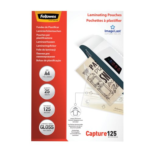35928FE | Make your document last with Fellowes premium quality laminating pouches. These gloss finish pouches are available in 80, 100, 125, 175 and 250 Microns for all levels of document protection, making them ideal for notices, photos, instructional materials and frequently handled documents. Available in various standard sizes from A2 to A5. Fellowes laminating pouches ensure 100% Jam Free performance when used with Fellowes laminators.