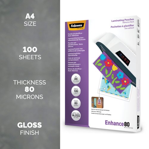 Fellowes 53022 A4 80Mic Adhesive Backed Pouch 100pk 27412J