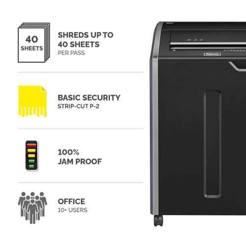 Fellowes Powershred 485i Strip Cut Shredder 132 Litre 40 Sheet Black/Grey 4699501 36341FE Buy online at Office 5Star or contact us Tel 01594 810081 for assistance