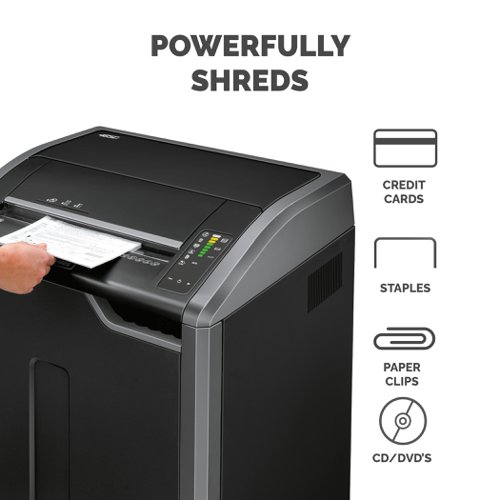 100% Jam Free Technology, Hassle Free, Mess Free! The Fellowes 485i Shredder features Jam Free technology with continuous sensing, shredding up to 32 sheets (80gsm) into P-4 (4x30mm) cross cut pieces with 132L bin capacity. Equipped with Energy Savings system which reduces in-use energy consumption and powers down after 2 min of inactivity. Safe Sense® Technology stops shredding when hands touch the paper entry. Also featuring auto-oil mechanism to ensure performance and extended shredder life.