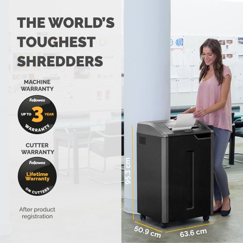 100% Jam Free Technology, Hassle Free, Mess Free! The Fellowes 485i Shredder features Jam Free technology with continuous sensing, shredding up to 32 sheets (80gsm) into P-4 (4x30mm) cross cut pieces with 132L bin capacity. Equipped with Energy Savings system which reduces in-use energy consumption and powers down after 2 min of inactivity. Safe Sense® Technology stops shredding when hands touch the paper entry. Also featuring auto-oil mechanism to ensure performance and extended shredder life.