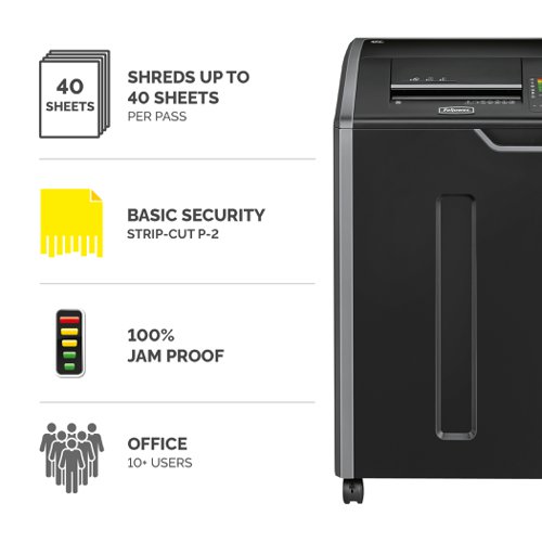 Fellowes Powershred 425i Strip Cut Shredder 114 Litre 40 Sheet Black/Grey 4698501 36348FE Buy online at Office 5Star or contact us Tel 01594 810081 for assistance