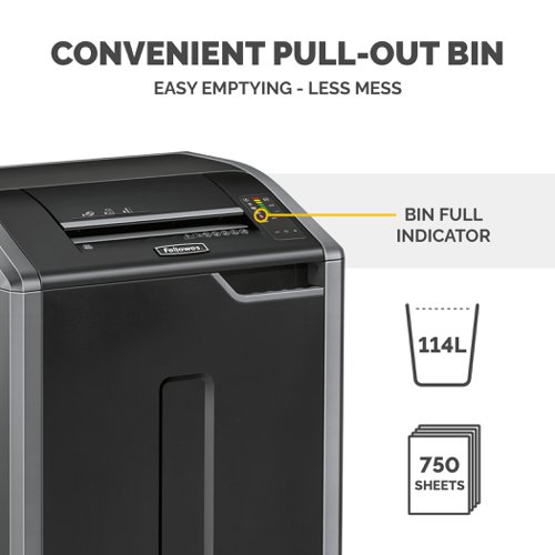 The Powershred® 425i Strip-Cut Shredder is a premium 100% Jam Proof machine, designed for commercial use in large offices, ideal for placing in copy areas and utility rooms to ensure a shredding best practice can be rolled out throughout the business and all information can be disposed of safely. The Powershred® 425i Strip-Cut Shredder is a premium 100% Jam Proof machine, designed for commercial use in large offices, ideal for placing in copy areas and utility rooms to ensure a shredding best practice can be rolled out throughout the business and all information can be disposed of safely. This machine shreds paper into 5.8mm strips (Security Level P-2) as well as shredding staples, paperclips, credit cards and CD's. The continuous duty motor means that the machine can be used at any given time, regardless of how many people have used it beforehand, perfect for high volume shredding. The advanced 100% Jam Proof System eliminates paper jams and powers through tough jobs, so along with the 38-40 sheet capacity and 305mm paper entry, you can be sure that the shredding process will be productive and fast. The SafeSense® Technology immediately stops shredding when hands touch the paper entry for added peace of mind, while the Energy Saving System reduces in-use energy consumption by up to 70% when in use and powers down after periods of inactivity. The large 114 litre pull out bin means you will have to empty the paper waste less frequently saving valuable time. This machine comes with a 2 year full service warranty, plus 20 years on cutters.ely. This machine shreds paper into 5.8mm strips (Security Level P-2) as well as shredding staples, paperclips, credit cards and CD's. The continuous duty motor means that the machine can be used at any given time, regardless of how many people have used it beforehand, perfect for high volume shredding. The advanced 100% Jam Proof System eliminates paper jams and powers through tough jobs, so along with the 38-40 sheet capacity and 305mm paper entry, you can be sure that the shredding process will be productive and fast. The SafeSense® Technology immediately stops shredding when hands touch the paper entry for added peace of mind, while the Energy Saving System reduces in-use energy consumption by up to 70% when in use and powers down after periods of inactivity. The large 114 litre pull out bin means you will have to empty the paper waste less frequently saving valuable time. This machine comes with a 3 year full service warranty, plus limited lifetime warranty on cutters.
