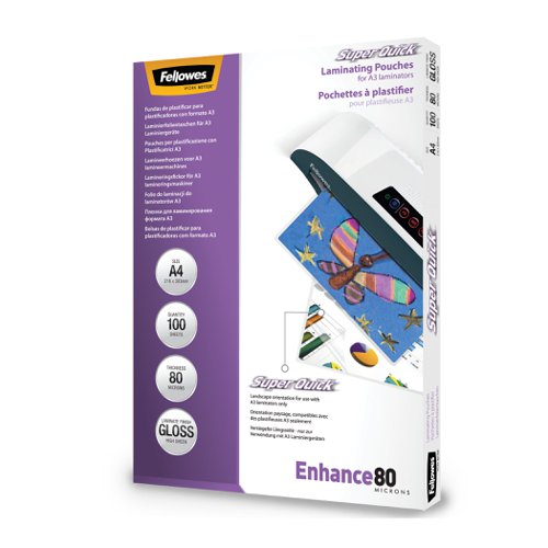 Fellowes Super Quick A4 Laminating Pouches 160 Micron Pack 100