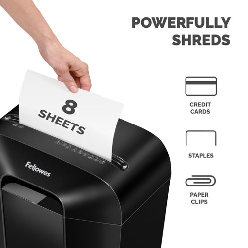 Stylish mini-cut shredder with patented safety lock feature.