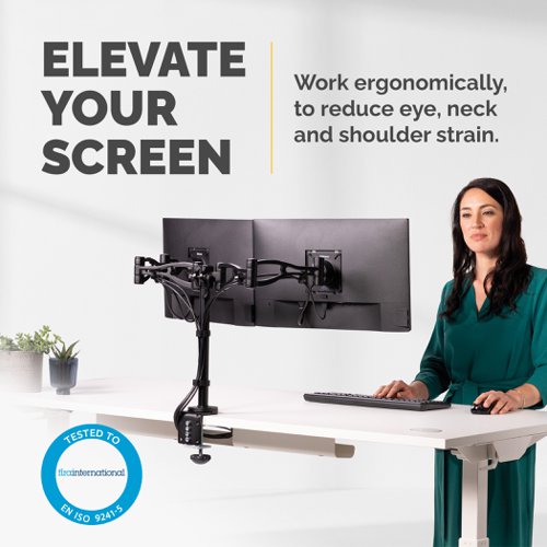 This Fellowes Professional Series Dual Monitor arm can hold 2 monitors up to 24 inches and has a maximum weight capacity of 10kg. The arm is adjustable for optimum viewing comfort and features an integrated cable management system for organisation. The dual monitor arm can be mounted using a clamp or grommet.