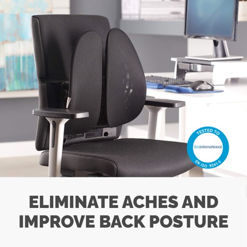 A few easy adjustments to your workstation can make a huge difference to your daily routine. At all times you should avoid straining your back muscles and putting your body at risk. With this Fellowes back rest for office chair, you can make sure that you are retaining the correct posture as it provides additional spinal support to maintain natural back curvature and the innovative design moulds to your body's contours. Eliminating the need for re-adjustment, the tri-tensioning attachment holds the office chair back support in place for a comfortable working environment. It's ergonomic design incorporates two wings which move independently to mould to your back with vents to promote airflow. Sitting in a chair without proper support can cause back discomfort, poor circulation, overall fatigue and long term issues which is why a using a Fellowes back support for office chairs is a necessity in any office or home environment in order to maintain your posture and improve overall comfort. This back rest for office chair can easily attach to any chair and is accredited against FIRA - an ergonomic accreditor for Fellowes.