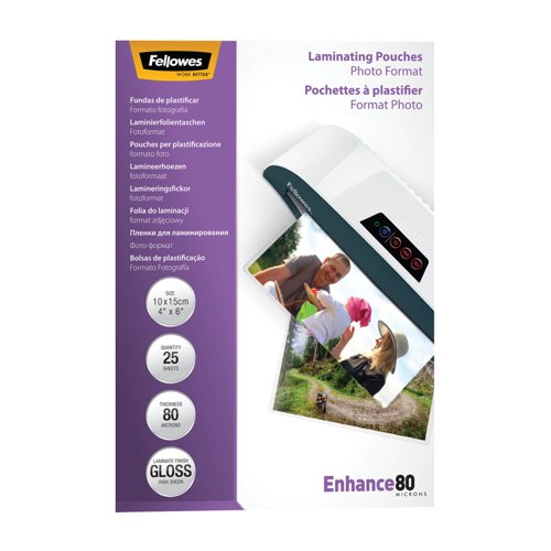 Fellowes Glossy 80 Micron Photo Laminating Pouch - 10x15cm Pk25