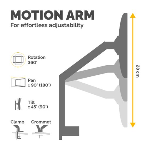 This premium Fellowes Platinum Series Single Monitor Arm features innovative gas spring technology for easy adjustment. The arm can hold a monitor up to 30 inches and has a maximum weight capacity of 9kg. The monitor arm also features 2 USB ports in the base and integrated cable management for organisation. The arm can be mounted using a clamp or grommet.
