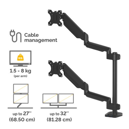 This premium Fellowes Platinum Series Monitor Arm features fully independent dual arms with innovative gas spring technology for easy adjustment. Each arm can hold a monitor up to 27 inches and has a maximum weight capacity of 10kg. The monitor arm also features 2 USB ports in the base and integrated cable management for organisation. The vertical stacking design is ideal for space saving use and the arm can be mounted using a clamp or grommet.