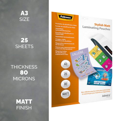 Fellowes Admire A3 Laminating Pouches Matte (Pack of 25) 5602201 BB73088 Buy online at Office 5Star or contact us Tel 01594 810081 for assistance