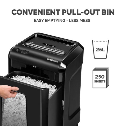 An essential shredder for maximum document security, the Fellowes 92CS model will cut an A4 sheet into over 410 individual tiny pieces. It is designed to shred up to 18 A4 sheets at a time so you won’t have to spend ages feeding the sheets through one by one. The cross-cut capabilities allow the shredder to cut not only paper but it can also cut credit cards, paper clips, staples and even CD's. Don't worry about having to shred extensively as this Fellowes shredder has an extended run time of 30 minutes.To prevent access to documents whilst shredding is in progress, the Fellowes safety lock system disables the shredder to prevent it being activated accidentally. Not only this but the built-in SafeSense technology stops the shredder working when hands touch the opening. The 92CS also has a generous 25 litre pull-out waste bin that can hold up to 250 sheets of paper.Conforms to DIN level P-4* Using 70gsm weight paper
