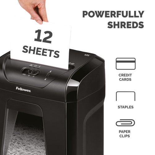 The Fellowes 12CS model will cut an A4 sheet into over 390 pieces per page. It is designed to shred up to 12 A4 sheets at a time so you won’t have to spend ages feeding the sheets through one by one.The cross-cut capabilities allow the shredder to cut not only paper but it can also cut credit cards, staples and paper clips. Don't worry about having to shred extensively as this Fellowes shredder has an extended run time of 20 minutes and a 30 minute cool-down period to ensure it doesn't overheat.The 12C shredder also boasts a 19-litre pull-out waste bin that makes it a perfect shredder for the home or small office.