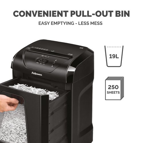 The Fellowes 12CS model will cut an A4 sheet into over 390 pieces per page. It is designed to shred up to 12 A4 sheets at a time so you won’t have to spend ages feeding the sheets through one by one.The cross-cut capabilities allow the shredder to cut not only paper but it can also cut credit cards, staples and paper clips. Don't worry about having to shred extensively as this Fellowes shredder has an extended run time of 20 minutes and a 30 minute cool-down period to ensure it doesn't overheat.The 12C shredder also boasts a 19-litre pull-out waste bin that makes it a perfect shredder for the home or small office.