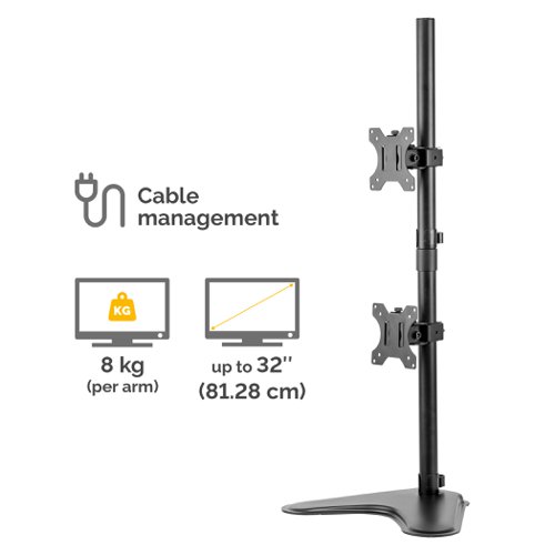 This innovative Fellowes Professional Series monitor arm has a free standing, stacking design for 2 monitors. The portable design can be used without the need for a clamp or grommet mount. For use with monitors up to 32 inches, the arm has a maximum weight capacity of 8kg. The base is weighted for stability and the monitor arm also includes an integrated cable management system for organisation.