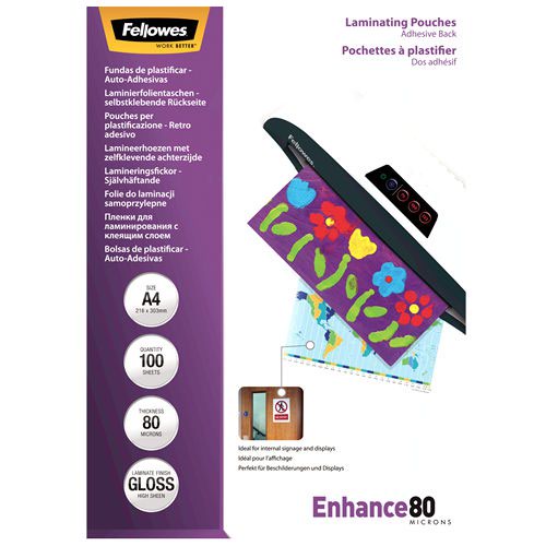Fellowes A4 Self Adhesive Enhance Laminating Pouches(Pack of 100)53022 BB53022 Buy online at Office 5Star or contact us Tel 01594 810081 for assistance