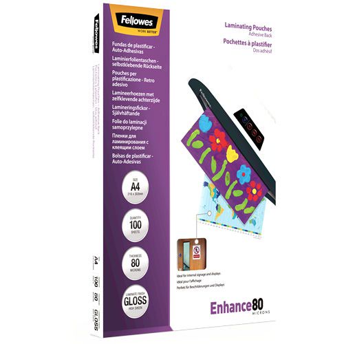 Get the best from your Fellowes laminator by using genuine Fellowes Laminating Pouches. Each pouch provides sturdy protection for A4 posters, notices, documents and more from scrapes, creases and spills. It's the ideal choice for frequently handled documents, keeping them clean and pristine for a professional look. Or make sure important notices are always visible and clear. This pack includes 100 pouches, each with a self-adhesive backing for easy attachment to walls and doors.
