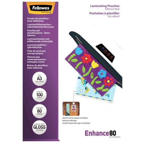 Fellowes A3 Laminating Pouch Adhesive Back 80 Micron Clear High Gloss (Pack of 100) 5302302 - BB53023