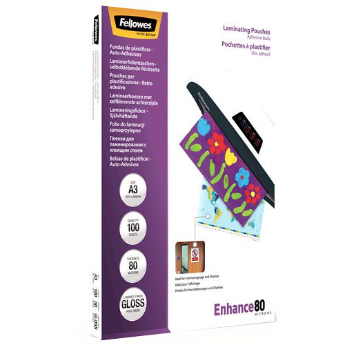 Fellowes A3 Laminating Pouch Adhesive Back 80 Micron Clear High Gloss (Pack of 100) 5302302