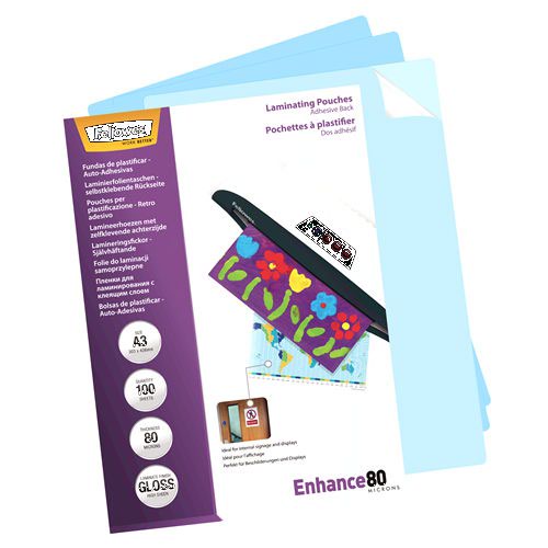 The Fellowes A3 Laminating Pouch provides sturdy protection for notices, craft materials, signage and frequently handled documents. Keeping them clean and pristine for a professional look and to make sure important notices are always visible and clear. These 80 micron laminating pouches have an adhesive back offering an everyday level of document protection.