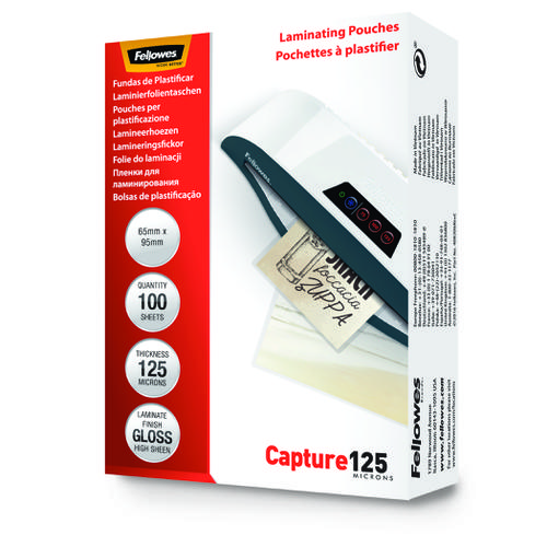 Fellowes Glossy 125 Micron Card Laminating Pouch - 65x95mm Pack 100
