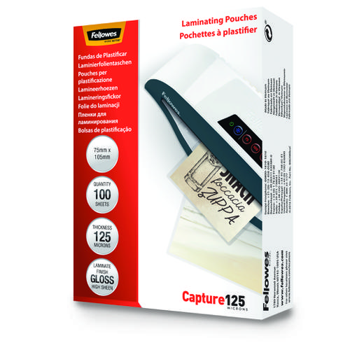 Fellowes Glossy 125 Micron Card Laminating Pouch - 75x105mm Pack 100 - 710-7476