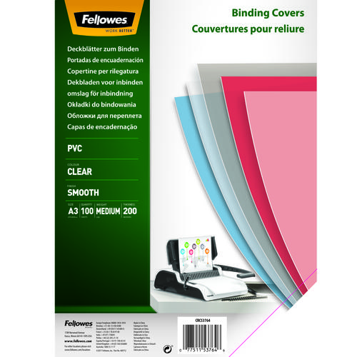 Fellowes PVC transparent covers showcase the front of your bound document, creating a stylish and impressive finishing touch whether comb or wire bound. Available in various thicknesses and a selection of popular colours in 100 packs of covers.