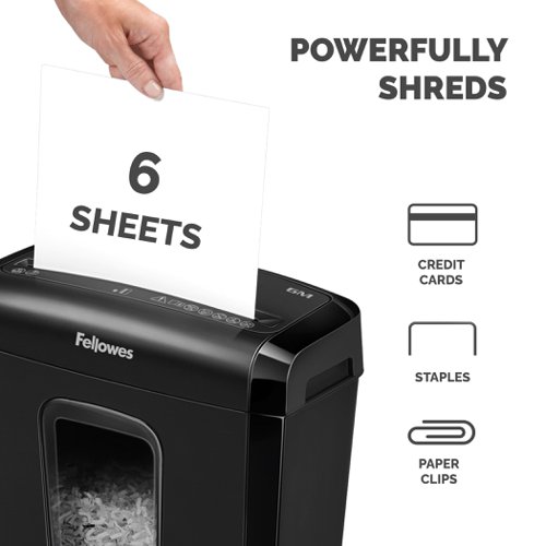 Designed for everyday secure shredding in the home or home office, the 6M can shred six sheets of A4 paper (70 gsm) into 4 x 12 mm mini-cut particles (approx 1299 pieces per page) and shreds continuously for five minutes before needing a 30-minute cooldown period.For shredding of confidential documents in the home, the 6M can shred an A4 sheet into over 1200 pieces, which is four times more than cross-cut shredders. The 6M is the ideal shredder for the home office with its auto start/stop feature & Safety Lock and the auto start/stop feature, which prevents the shredder from being accidentally activated when switched to lock position.The 13 Litre bin with its lift-off head is ideal for regular shredding, the smaller mini cut particles will mean you have to empty your bin less frequently than with traditional cross-cut shredders as it can hold at least 150 sheets. With the ability to shred paper into a thousand pieces, the 6M can also shred staples, paper clips and credit cards too with its powerful cutters.