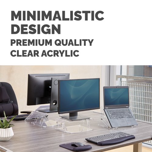 Ensure your monitor is at a comfortable viewing level and with the Fellowes Clarity Adjustable Monitor Riser. With five height adjustments allowing you to optimise your user experience, this minimalistic and exceptionally high-quality acrylic monitor riser supports monitors that weigh up to 10kg.