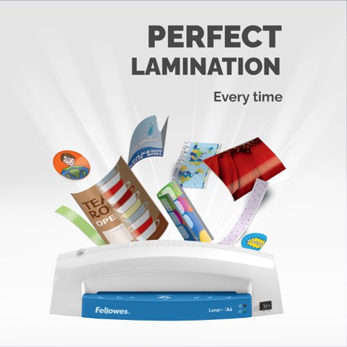 The Fellowes Lunar A4 Laminator is a low-cost, high performance laminator designed for occasional use in the office or home.Warming up in just six minutes, the Lunar can quickly apply a double-sided protective coating to posters, signs and photographs in pouches up to 125 micron thick.It's designed to be 100% jam-proof when used with Fellowes pouches, and includes a release trigger to quickly fix problems if things do go wrong. These items have been specifically designed for use with pouches up to 125 micron thick.