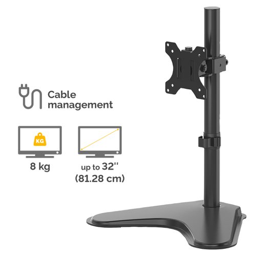 This freestanding Professional Monitor Arm is the ideal way to preserve desk space and achieve optimal viewing comfort in spaces that don't allow clamp or grommet mounting. Built-in cable management minimizes clutter and enhanced stability thanks to a low profile, weighted base. This arm has 46cm of height adjustability and supports monitors up to 32 inches and weighing up to 8kg.