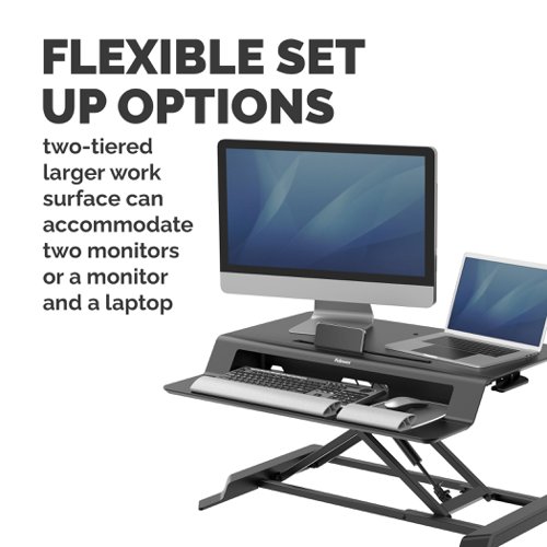 Fellowes Sit Stand Desk Riser Lotus LT Height Adjustable Sit Stand Desk Converter Max Weight 17KG Black