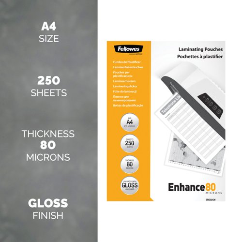 Make your document last with Fellowes premium quality laminating pouches. These gloss finish pouches are available in 80, 100, 125, 175 and 250 Microns for all levels of document protection, making them ideal for notices, photos, instructional materials and frequently handled documents. Available in various standard sizes from A2 to A5. Fellowes laminating pouches ensure 100% Jam Free performance when used with Fellowes laminators.