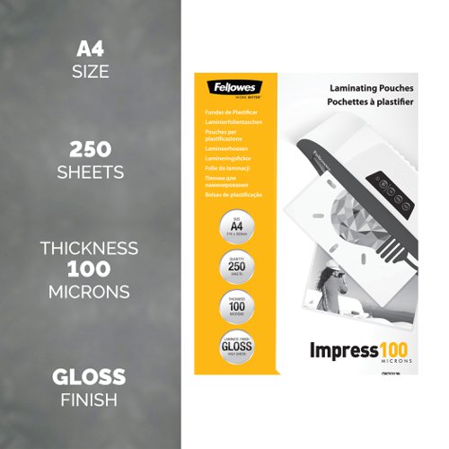 Fellowes A4 Glossy 100 Micron Laminating Pouch - Value Pack 250