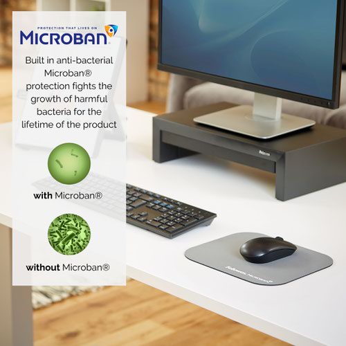 Features built in Microban antibacterial protection for active hygiene, helps keep your office cleaner and healthier. Fights the growth of harmful bacteria for the lifetime of the product. Optical mouse friendly. Non-slip rubber base.