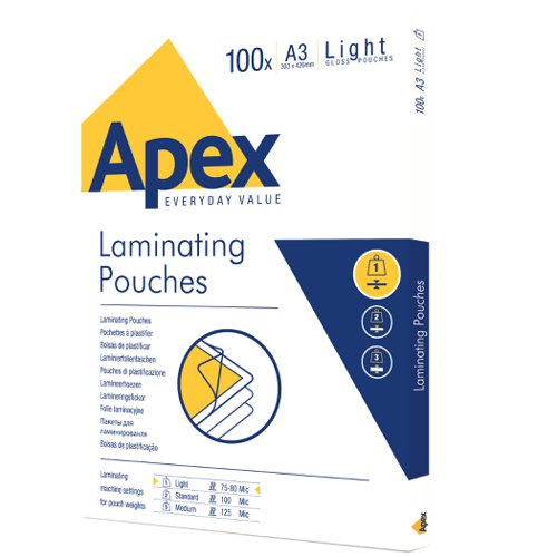 Fellowes Apex A3 Light Laminating Pouches Clear (Pack of 100) 6001901