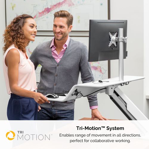 36866FE | Lotus™ RT combines the freedom of a sit-stand desk with the versatility of an adjustable monitor arm.Work and collaborate effortlessly with the Lotus™ RT Sit-Stand Desk’s unique TriMotion™ system, which provides complete stability and flexibility whether you’re using your computer in a standing or sitting position. Simply clamp the Lotus™ RT standing desk converter to the back edge of your existing surface and use the Smooth Lift Technology™ to adjust the platform to the standing height that suits you.The spacious waterfall design allows you to prop documents or devices up against the connecting panel between the upper and lower tiers. This makes good use of space and improves workflow. An inbuilt cable management system keeps your wires neatly out of the way, while the accompanying monitor arm (choice of single or double) elevates your screen and frees up surface space. Lotus™ RT’s surface is made with real wood for sturdiness and style. Choose from a black or white finish.