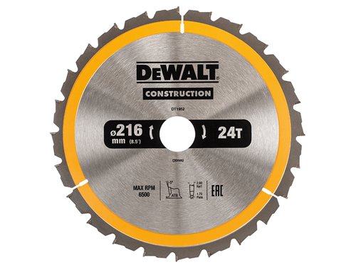 DEWALT DT1952-QZ Stationary Construction Circular Saw Blade 216 x 30mm x 24T ATB/Neg
