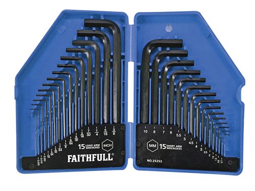 Faithfull  Metric/Imperial Hex Key Set, 30 Piece (0.7-10mm 0.028-3/8in)