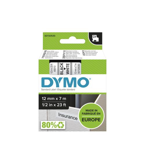 Dymo 45013 D1 12mm x 7m Black on White Tape