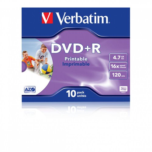 VER043508 | When drive manufacturers test their products, they use Verbatim media. It’s the global No.1 for a reason – guaranteed quality!Due to the extensive research and development undertaken over the past 50 years, Verbatim is able to provide the highest quality discs which ensure that all your data will be safely stored and will last a lifetime.Optical discs provide the best solution for long-term safe and secure storage of your important files - ideal for all your precious photos, videos and documents that you want to keep forever. They are dust and water resistant and can withstand wide changes in temperature and humidity.Verbatim DVDs feature HardCoat Scratch Guard to protect against fingerprints and dust build up, reducing recording or playback errors.AZO is patented technology used exclusively by Verbatim. It provides the ultimate resistance to UV light for increased protection and reliability.Verbatim printable discs feature a printable surface designed for use with your inkjet printer. These discs allow you to print whatever you wish across the entire surface of the disc.