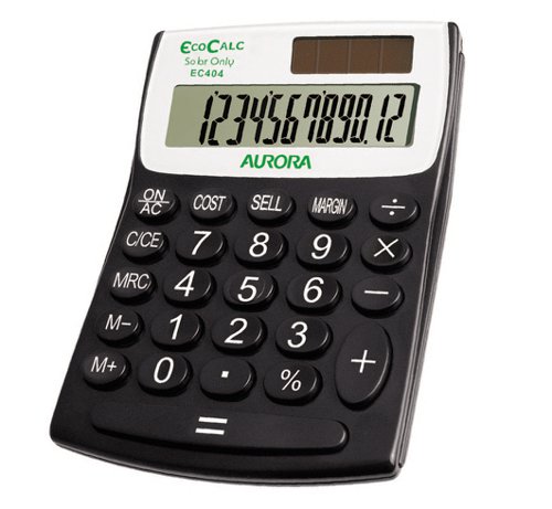 25983JG | The Aurora EC404 semi-desk EcoCalc, is made from recycled plastic, powered entirely by light and is totally battery free. It has a large 12 digit LCD display for easy viewing, hard plastic keys and large numerals for ease of use and Aurora’s patented long equals bar to enable speedy calculations. The handy Cost-Sell-Margin function is great for sales and gross profit calculations and the patented DirecKey feature means that this calculator turns on when any key is pressed, this key stroke will also register. So overall a great calculator that combines functionality with eco-friendly features.