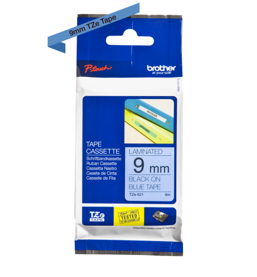 BRTZE521 | A laminate film on the tape protects text and colours from all kinds of agents such as chemicals abrasives etc.commonly found in industrial environments. Tape is waterproof and extremely temperature resistant. P-touch tape TZ-521 9mm x 8m black on blue