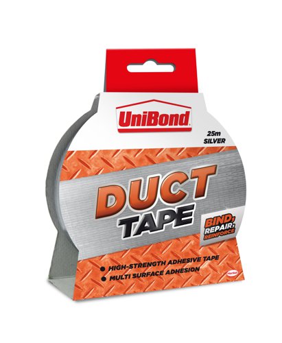 22539HK | UniBond Silver Duct Tape. High strength adhesive for a secure long-lasting hold. Water resistant heavy duty tough and strong. Adheres to multi-surfaces and can be applied around uneven surfaces. No need for scissors. Size: 50mm x 25m.This quality UniBond Silver Duct Tape contains a high strength adhesive for effective adhesion to multiple surfaces. Use for binding, repairing, and reinforcing and more. The heavy-duty tape is water resistant, making it ideal for outdoor use. This tough and strong tape is ideal for industrial applications, as well as general tasks around the workplace or home. 