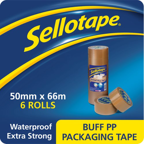 Sellotape Parcel Plus Vinyl Waterproof Extra Strong Buff Packaging Tape 50mm x 66m Brown (Pack 6) - 1447026