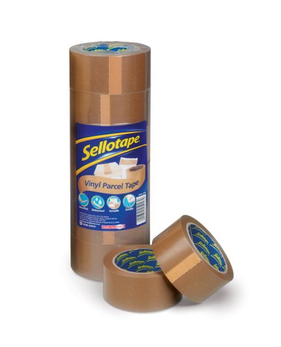 Sellotape Parcel Plus Vinyl Waterproof Extra Strong Buff Packaging Tape 50mm x 66m Brown (Pack 6) - 1447026