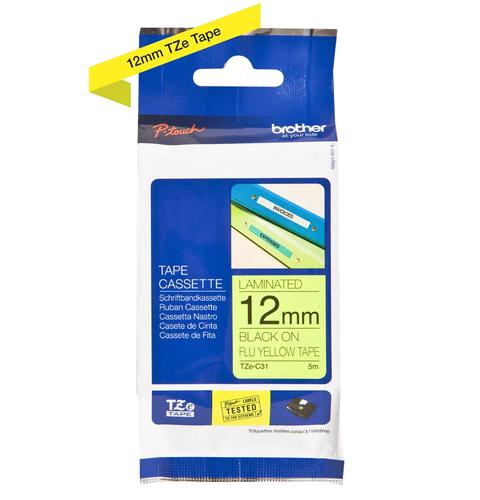 Brother Fluroescent Black On Yellow Label Tape 12mm x 5m - TZEC31 BRTZEC31 Buy online at Office 5Star or contact us Tel 01594 810081 for assistance