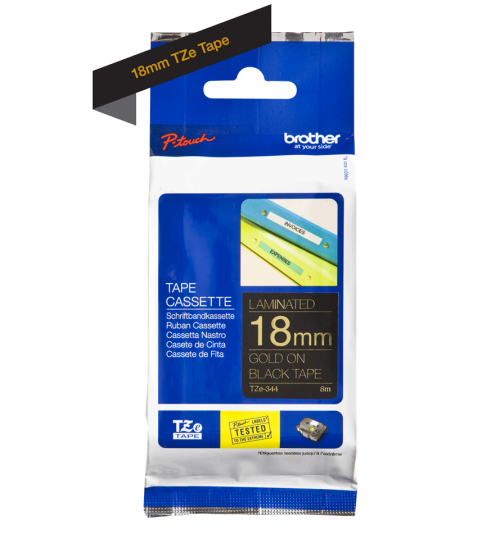 BRTZE344 | Compatible with a wide range of Brother’s P-touch printers, this genuine laminated TZe-344 labelling tape cassette is especially versatile thanks to its easy-to-read gold on black colour – so it comes in useful around the home, office and in other workplaces.