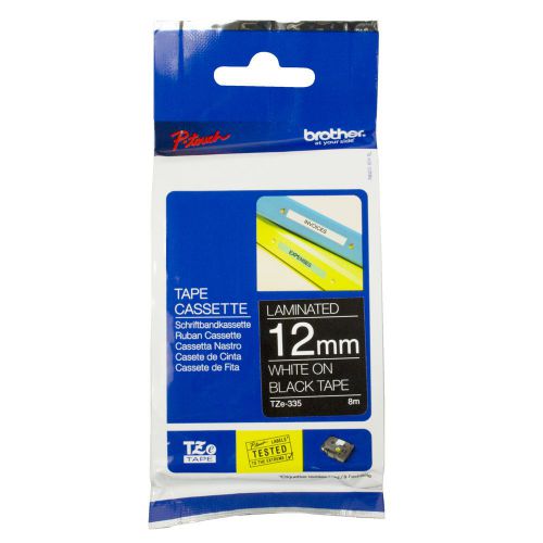 BRTZE335 | A laminate film on the tape protects text & colours from all kinds of agents such as chemicals abrasives etc.commonly found in industrial environments.Tape is waterproof and extremely temperature resistant. P-touch tape TZ-335 12mm x 8m white on black.