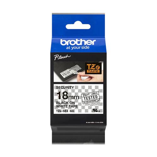 BRTZESE4 | The genuine Brother TZe-SE4 black on white security labelling tape has been expertly developed to give you a little more piece of mind, by helping you protect yourself from theft and tampering. Ideal for creating electrical safety test labels, this laminated tape will ensure that your label can’t be removed from one location and added to another. Once the tamper-resistant TZe-SE4 security tape is peeled, the label leaves a checkerboard pattern, destroying the print, to stop the label being reapplied. Maybe you need to protect confidential information that is stored in boxes and files. The TZe-SE4 will alert you if the tape has been interfered with, so you’ll know if secure information has been compromised. TZe tape cassettes are quick and easy to install, which ensures your P-touch machine can effortlessly meet all your labelling needs. By choosing the Brother TZe-SE4 labelling tape, you’ll ensure that your machine continues to work at its best, providing you with results that are clear, legible and designed to last.This replacement black on white TZe-SE4 labelling tape has been rigorously tested by Brother to be as durable and dependable as possible.